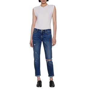 FRAME Jeans Womens 25 Le Garcon Distressed in Eaton Blue Wash Relaxed Fit